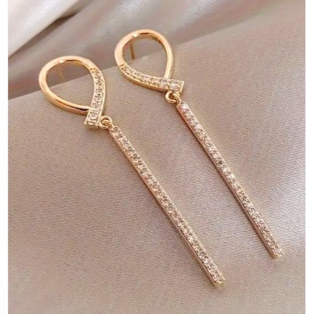 Gold‎ Tone Long Drop Earrings With Rhinestone Detailing For Women